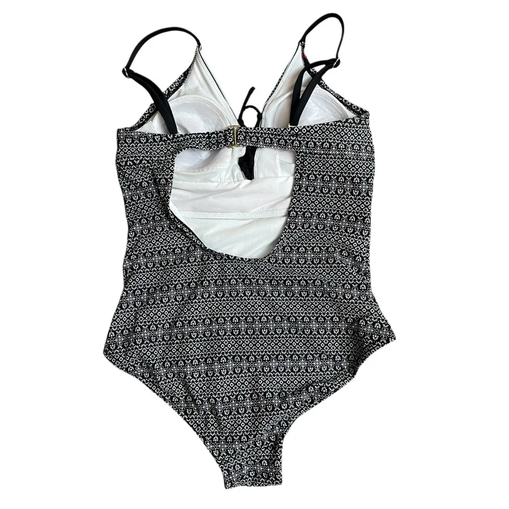 Kona‎ Sol Lace Up Front Black and Pink Geometric One Piece Swimsuit S